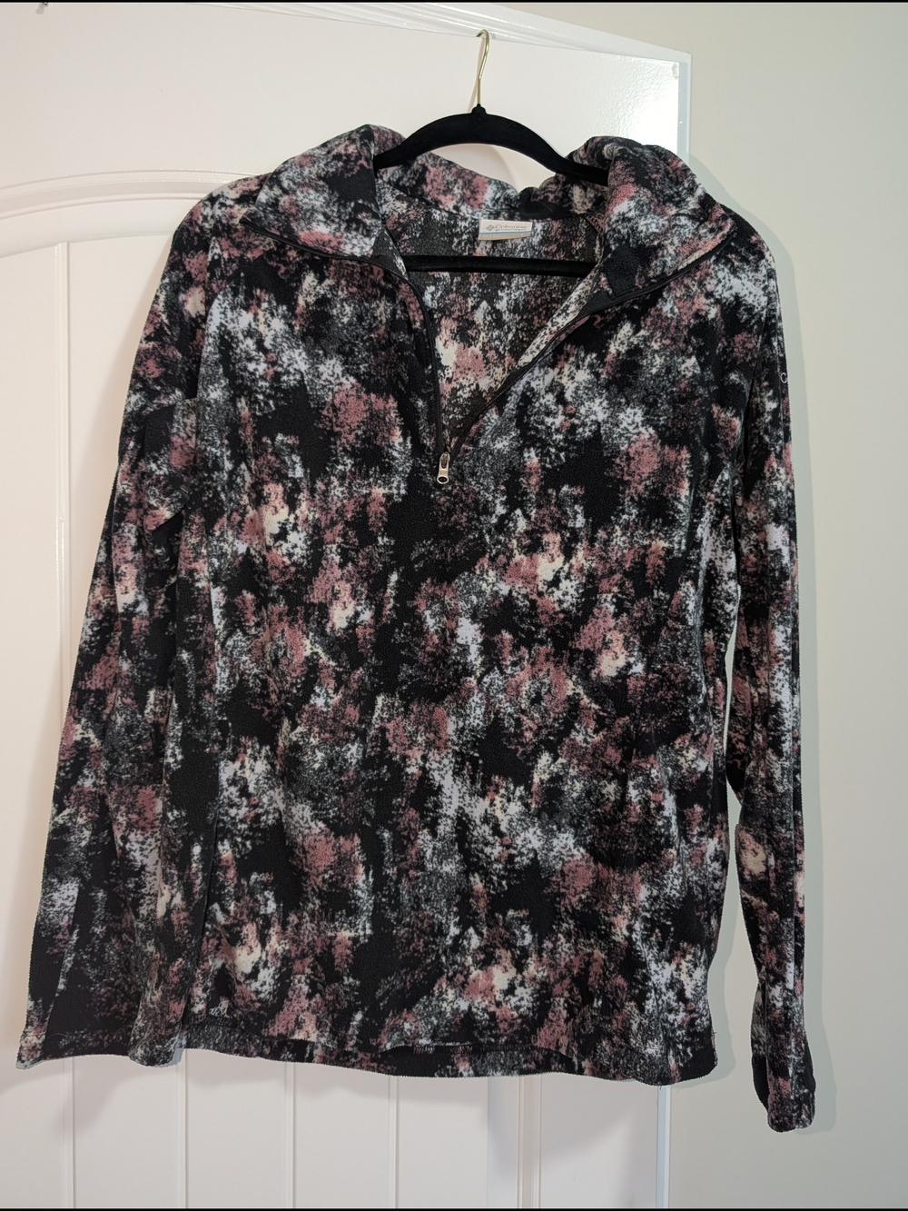 Columbia Quarter-Zip Pullover Hoodie in Black, Pink & White Abstract Print